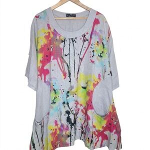 Made In Italy Linen Art To Wear Tunic Top Lagenlook Splatter Paint Abstract Gray